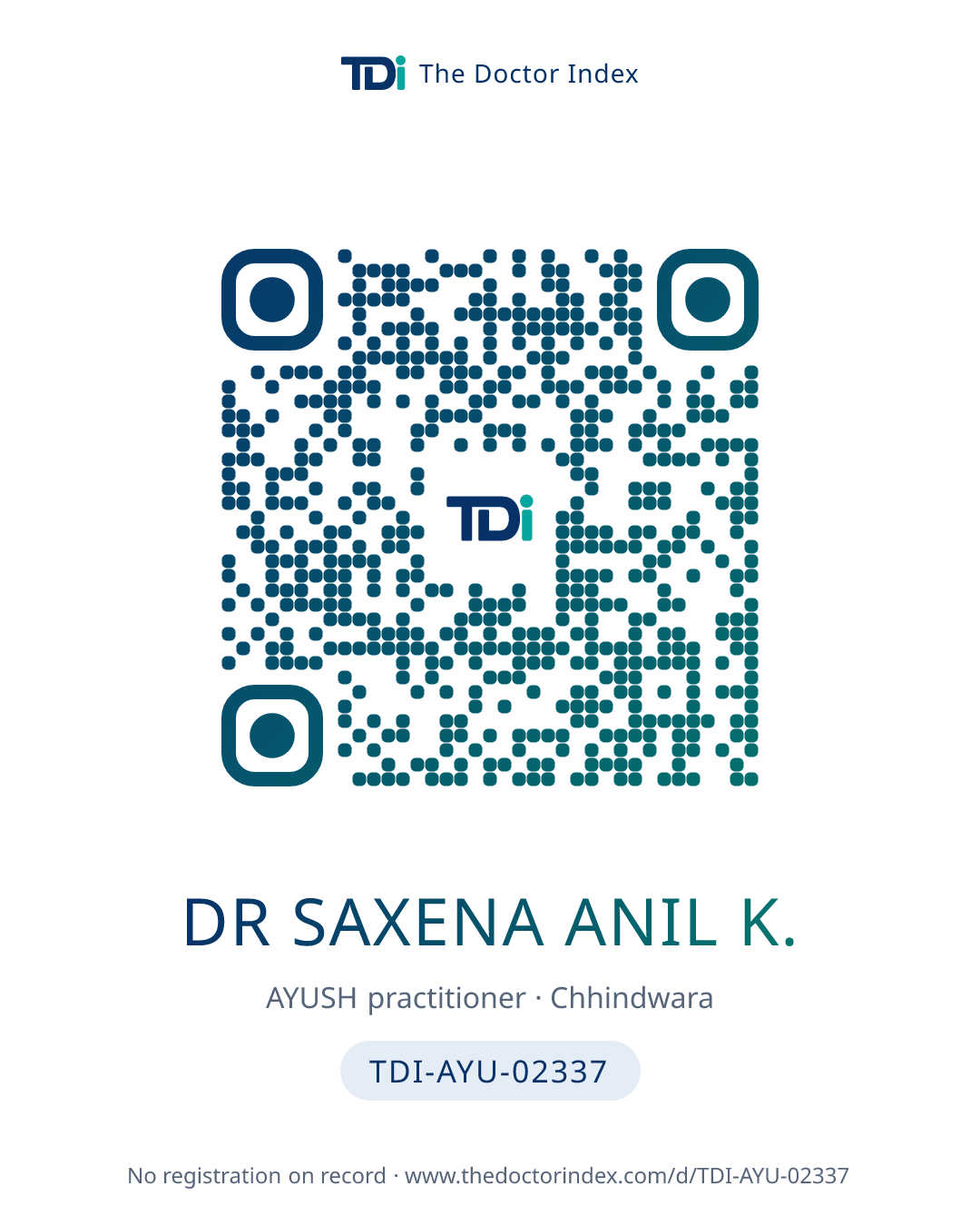 QR card for Dr Saxena Anil K., TDI-AYU-02337