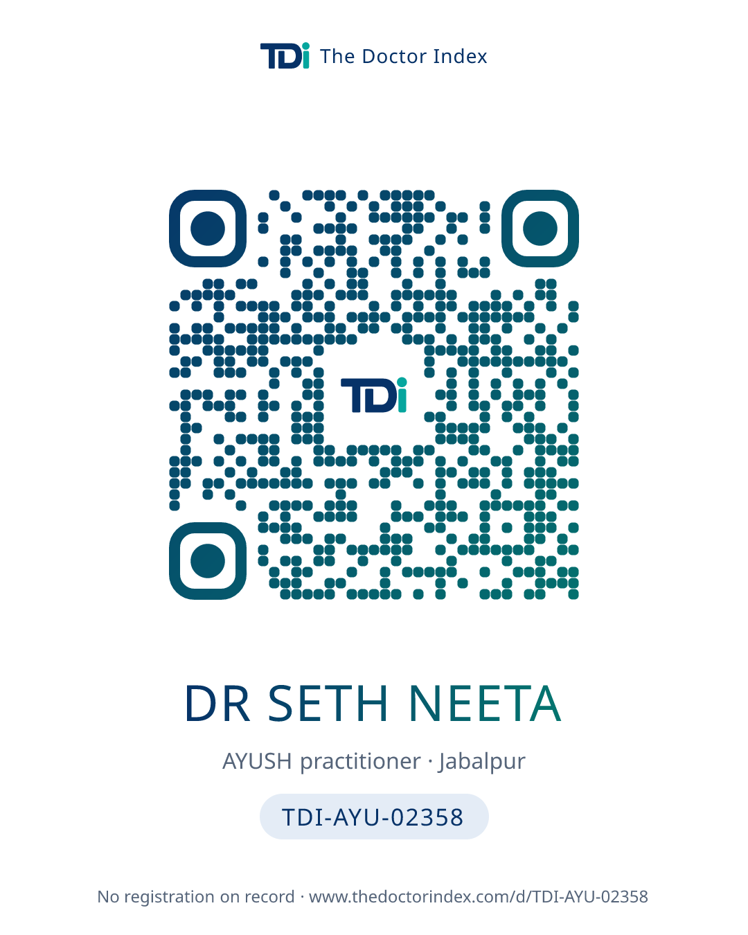 QR card for Dr Seth Neeta, TDI-AYU-02358