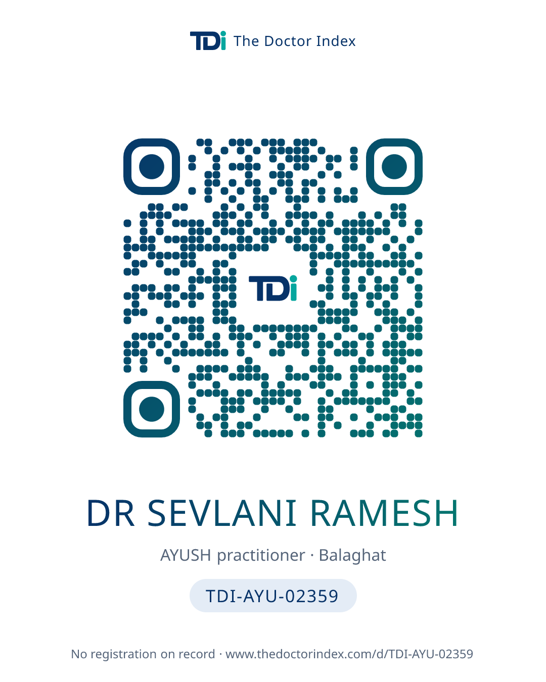 QR card for Dr Sevlani Ramesh, TDI-AYU-02359