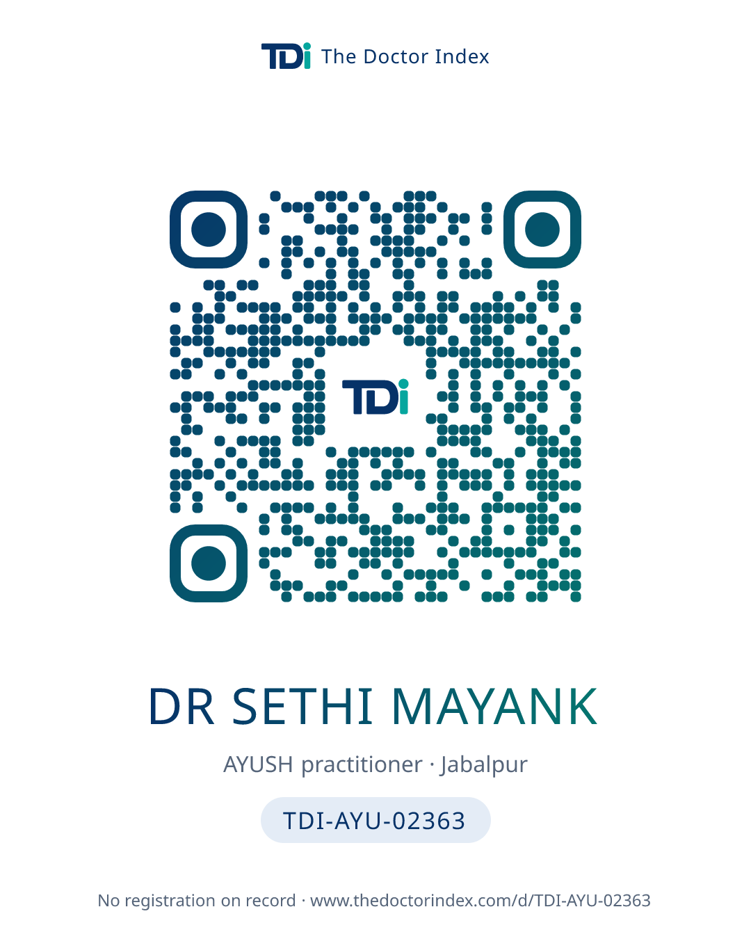 QR card for Dr Sethi Mayank, TDI-AYU-02363