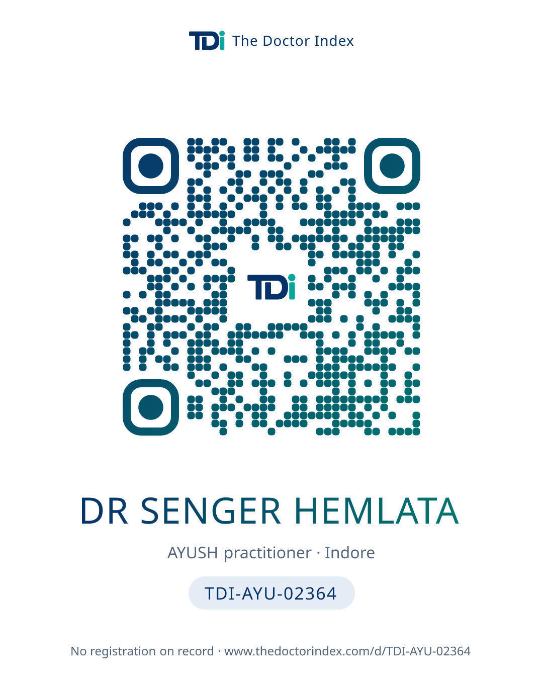 QR card for Dr Senger Hemlata, TDI-AYU-02364