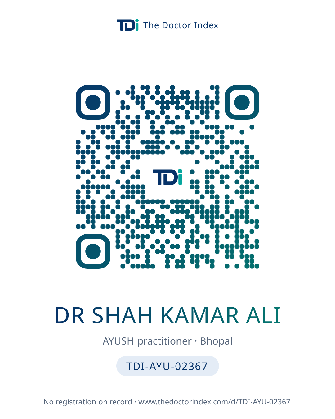 QR card for Dr Shah Kamar Ali, TDI-AYU-02367