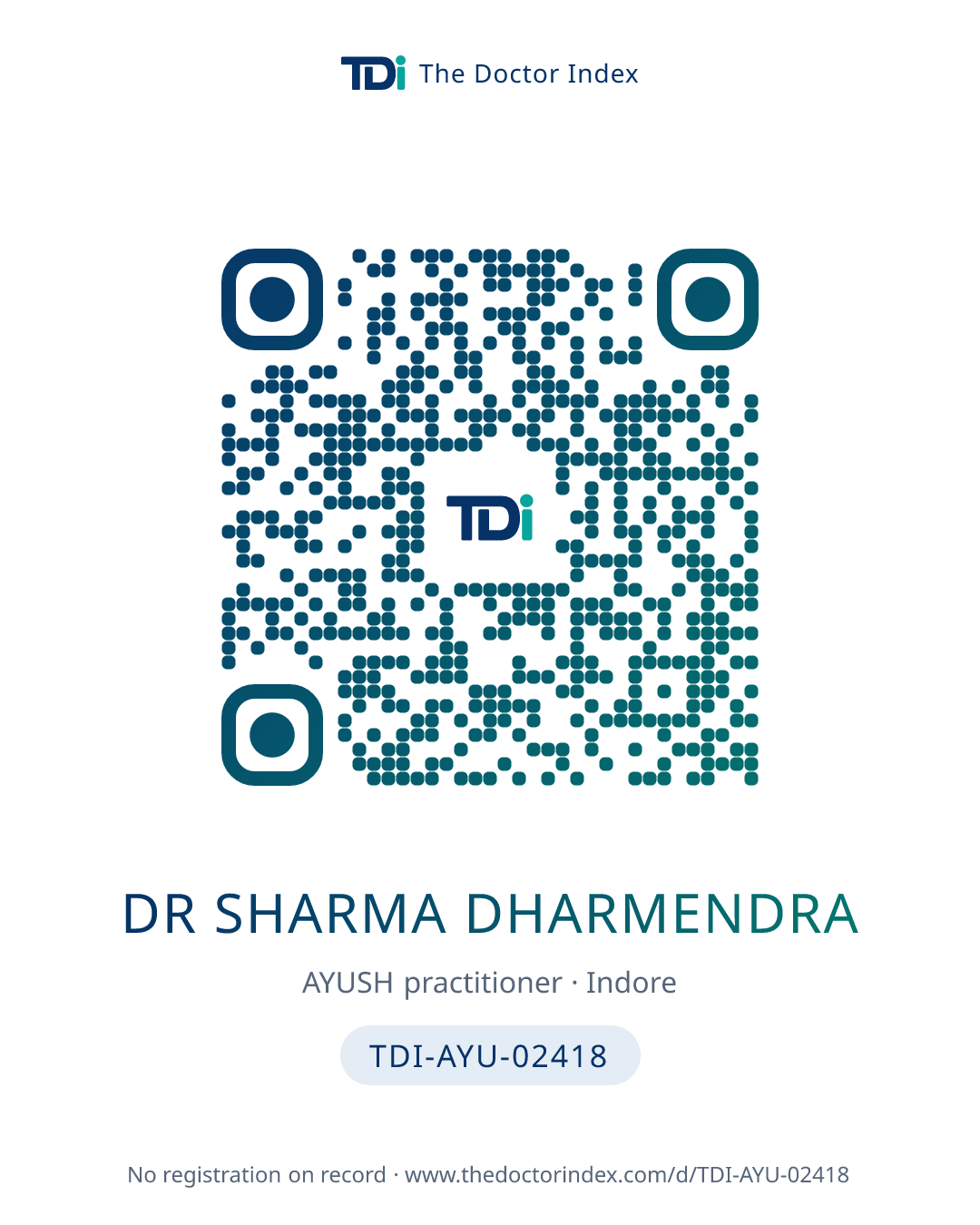 QR card for Dr Sharma Dharmendra, TDI-AYU-02418