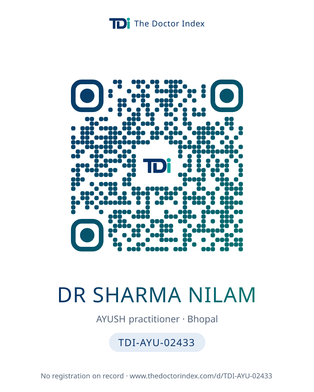 QR card for Dr Sharma Nilam, TDI-AYU-02433