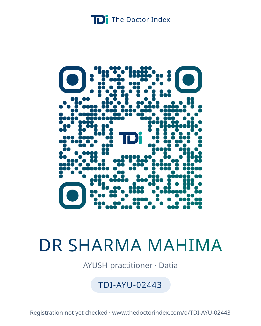QR card for Dr Sharma Mahima, TDI-AYU-02443