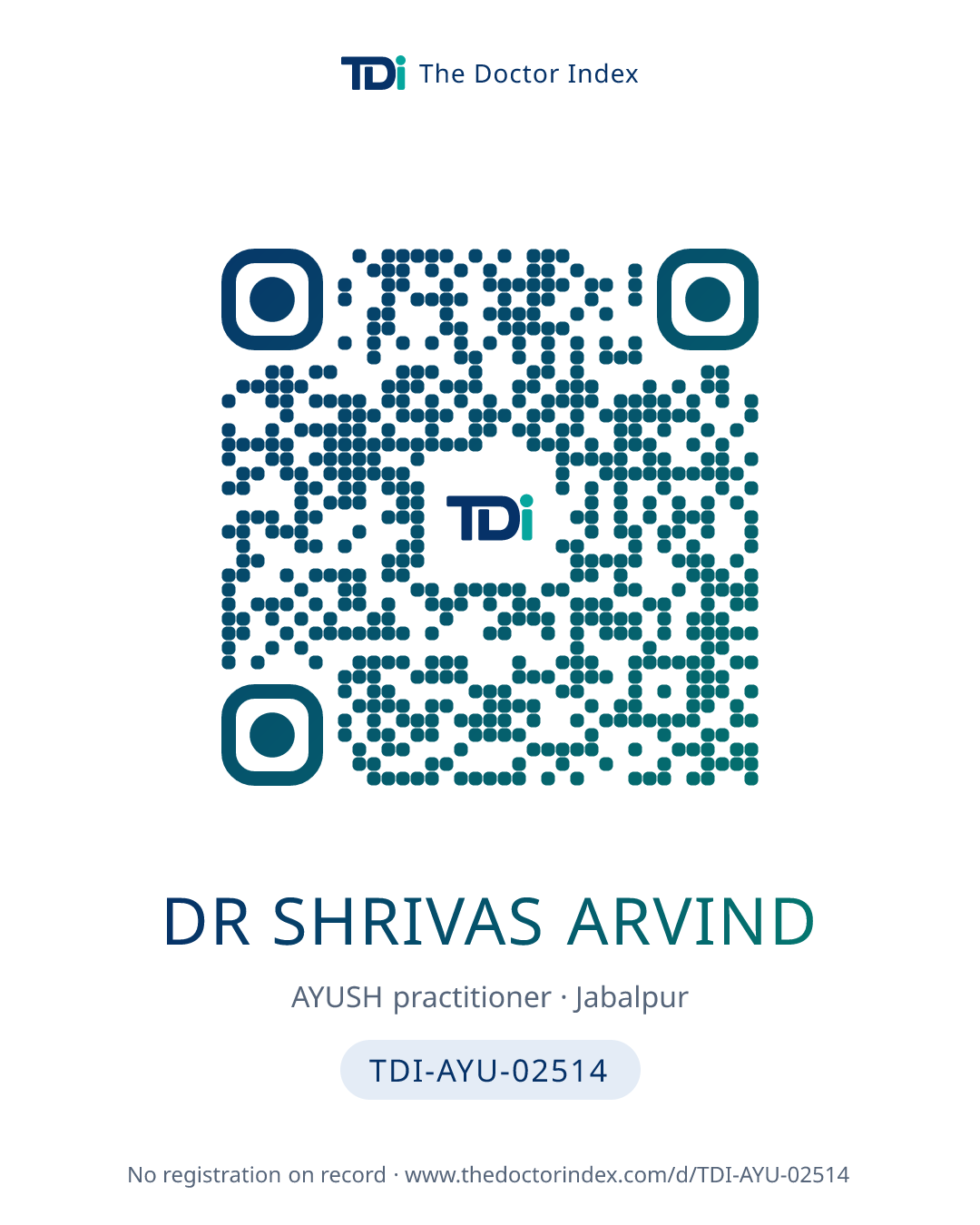 QR card for Dr Shrivas Arvind, TDI-AYU-02514