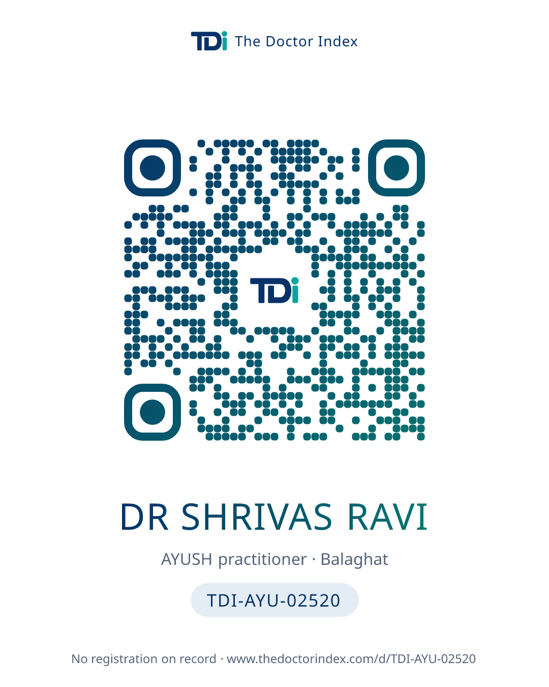 QR card for Dr Shrivas Ravi, TDI-AYU-02520