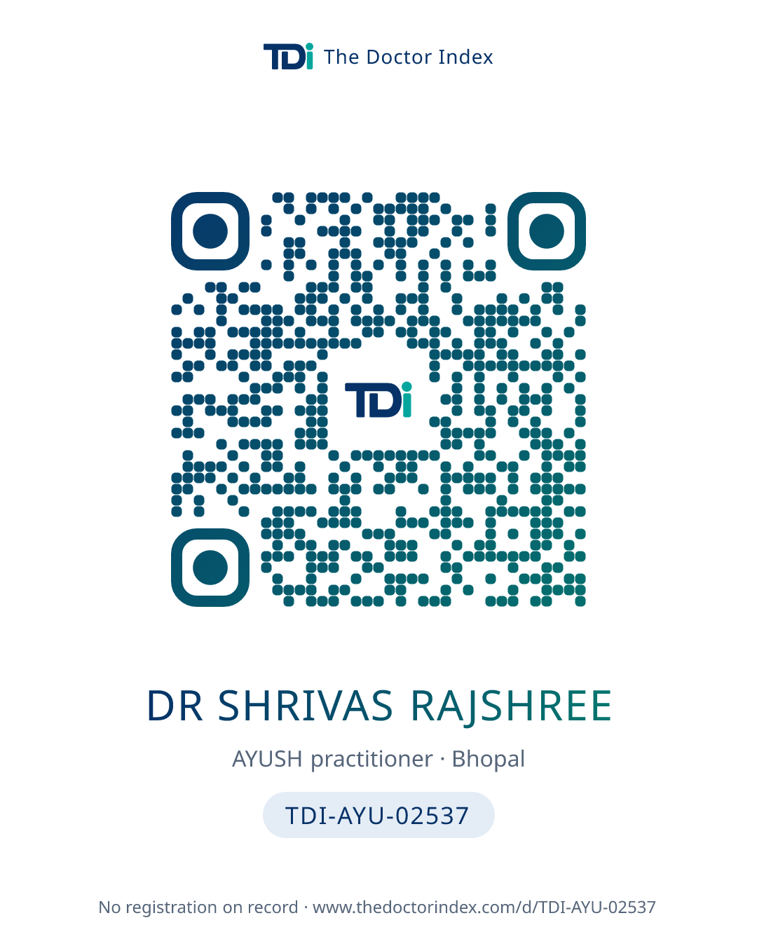 QR card for Dr Shrivas Rajshree, TDI-AYU-02537