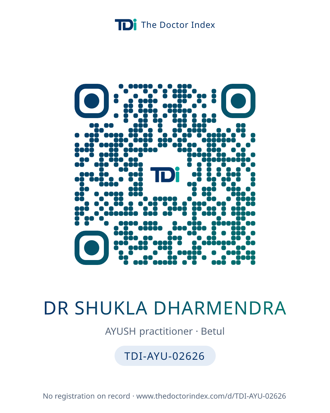 QR card for Dr Shukla Dharmendra, TDI-AYU-02626