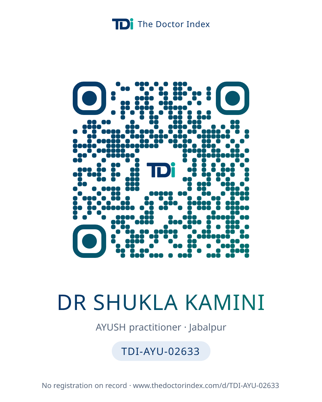 QR card for Dr Shukla Kamini, TDI-AYU-02633