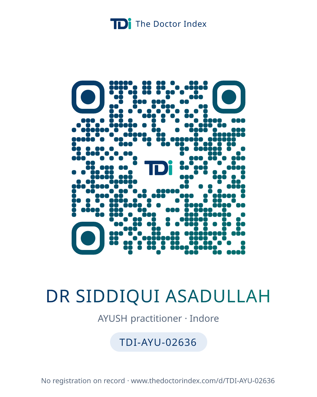 QR card for Dr Siddiqui Asadullah, TDI-AYU-02636