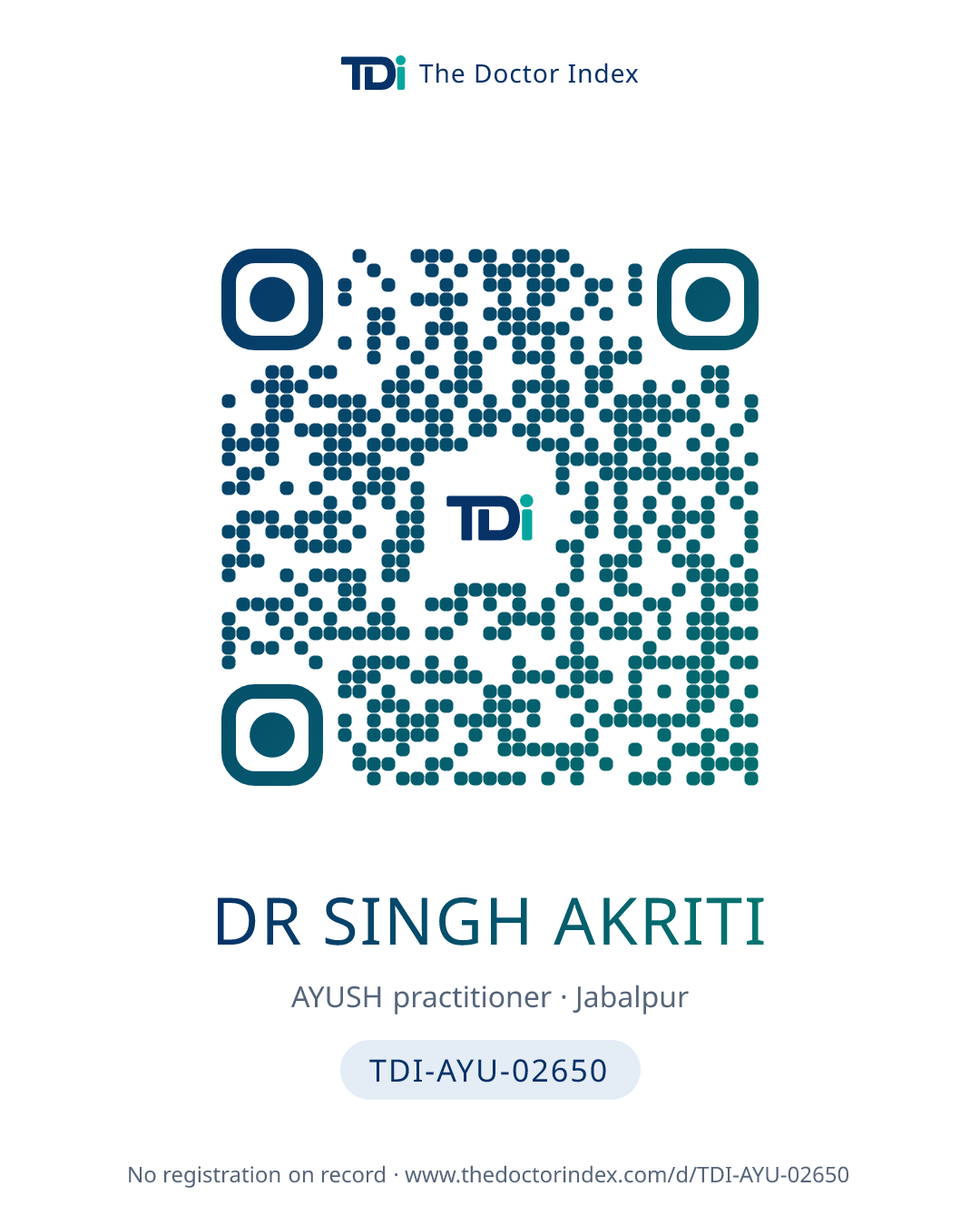 QR card for Dr Singh Akriti, TDI-AYU-02650