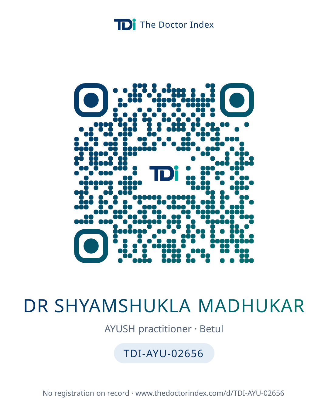 QR card for Dr Shyamshukla Madhukar, TDI-AYU-02656