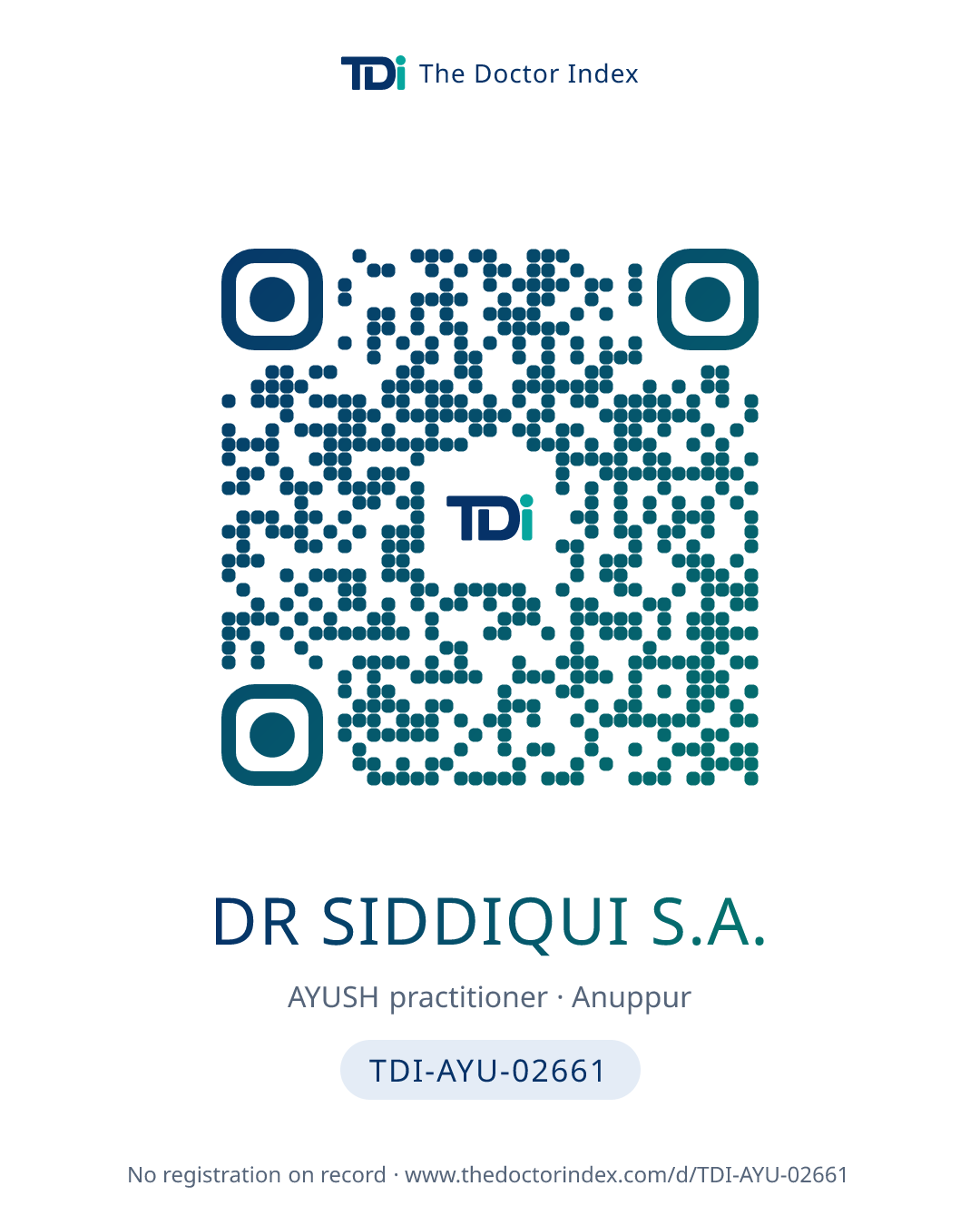 QR card for Dr Siddiqui S.A., TDI-AYU-02661