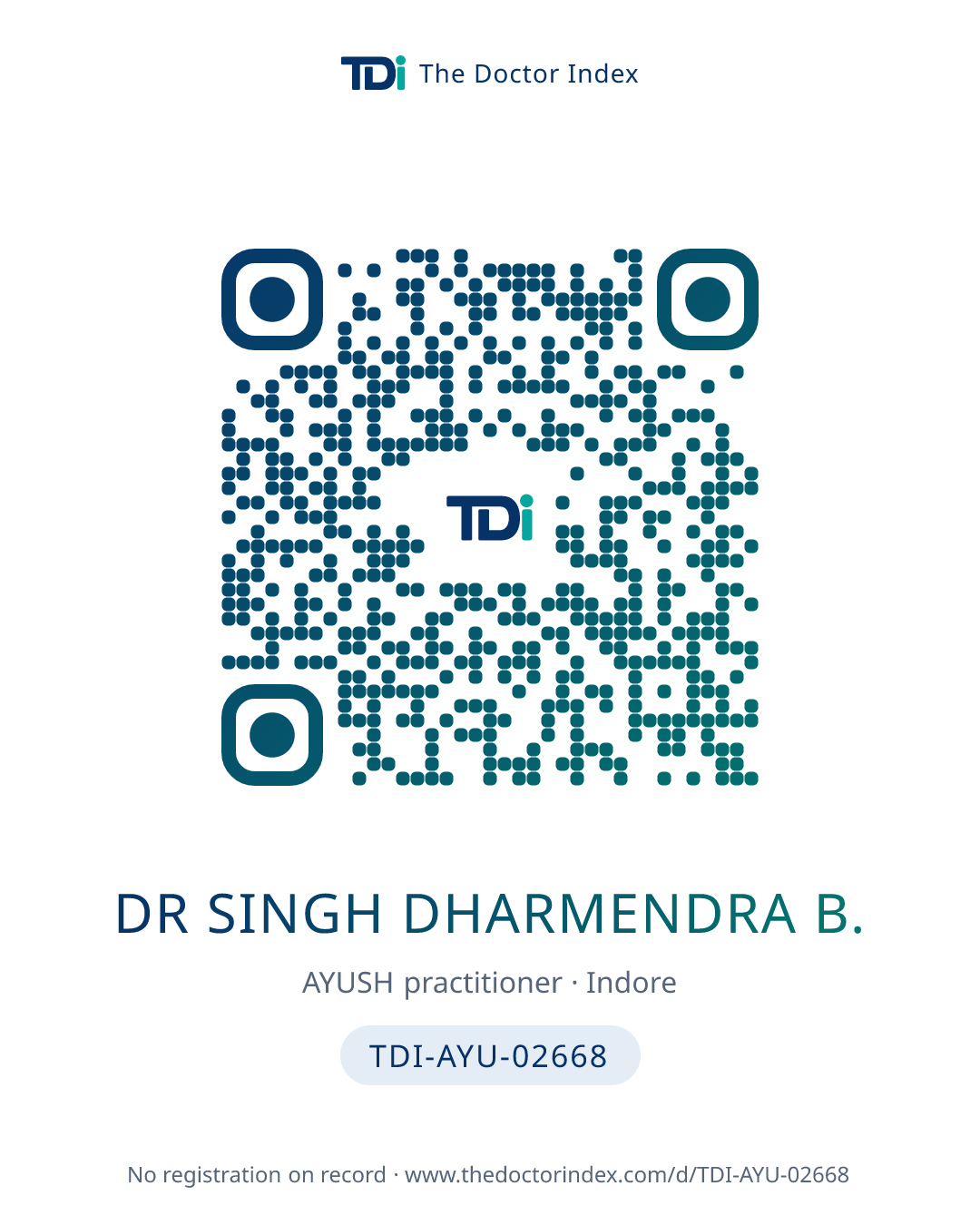 QR card for Dr Singh Dharmendra B., TDI-AYU-02668
