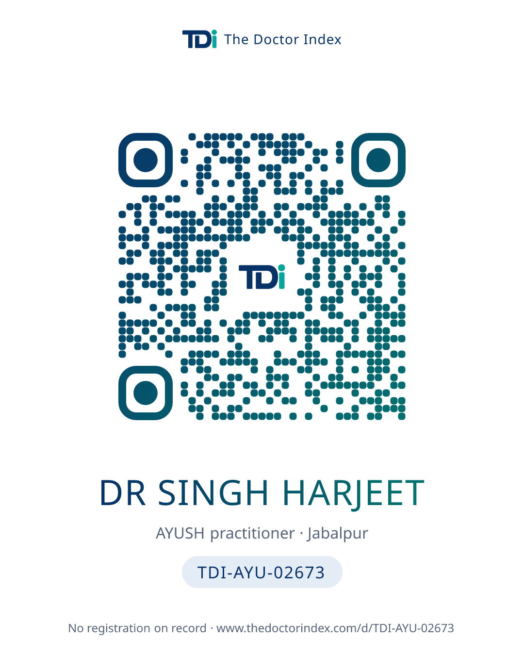 QR card for Dr Singh Harjeet, TDI-AYU-02673
