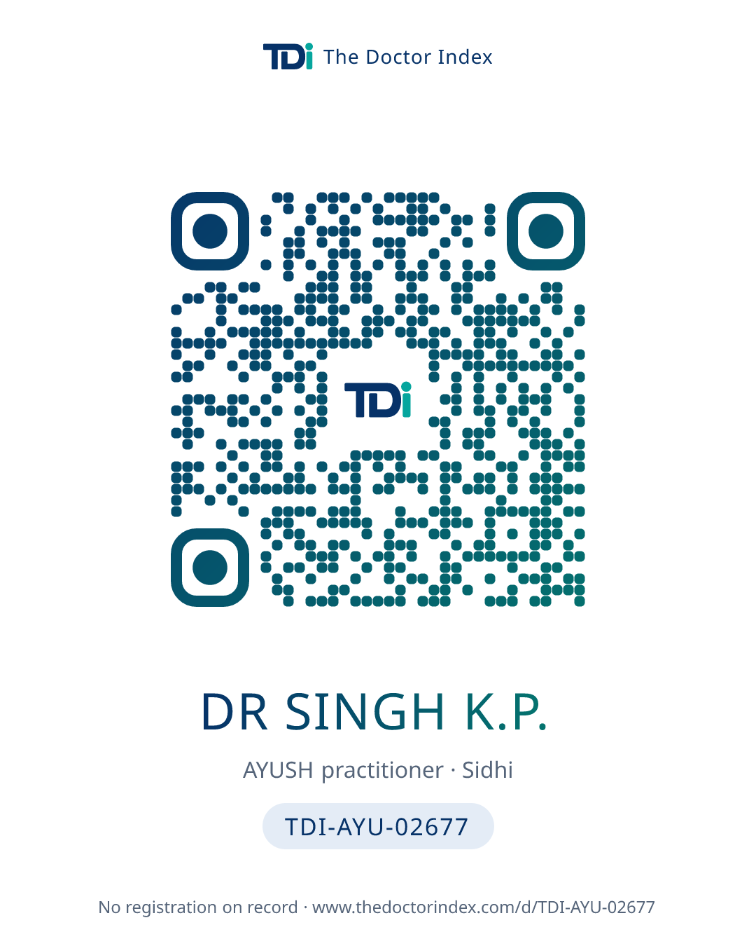 QR card for Dr Singh K.P., TDI-AYU-02677