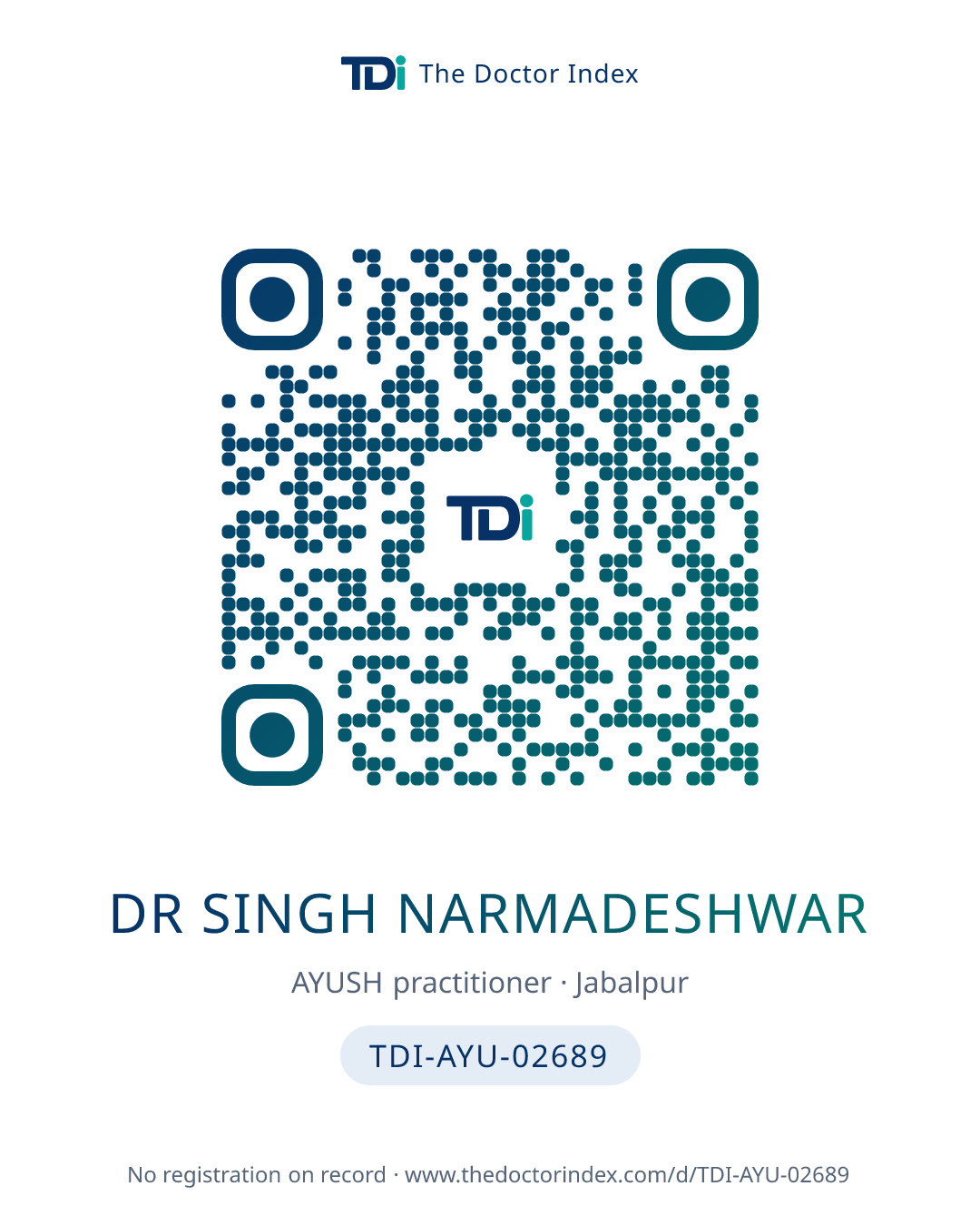 QR card for Dr Singh Narmadeshwar, TDI-AYU-02689
