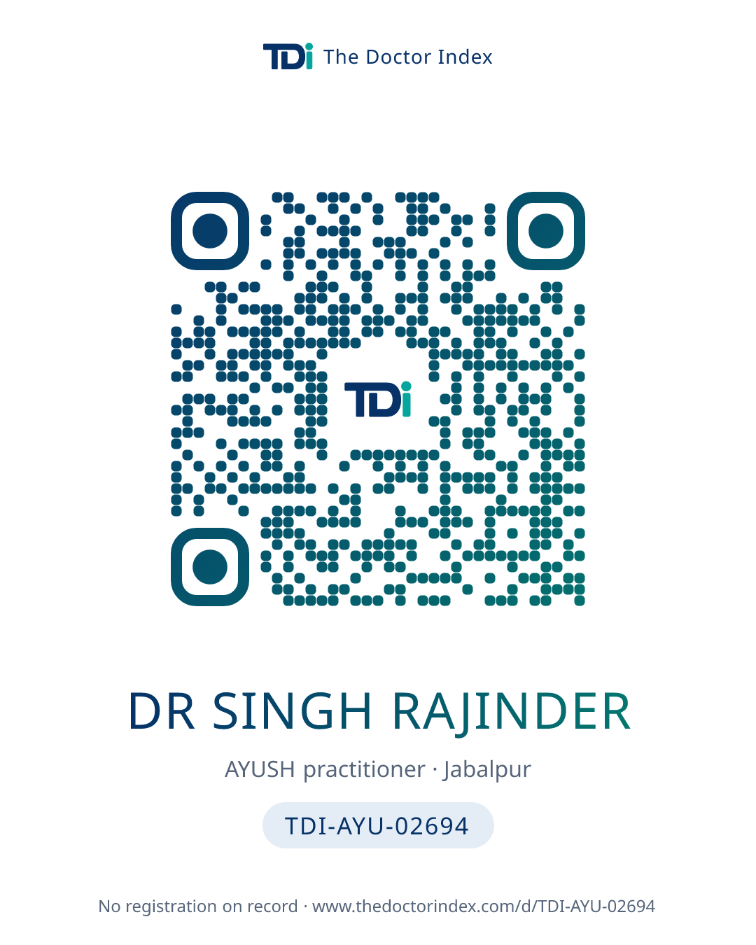 QR card for Dr Singh Rajinder, TDI-AYU-02694