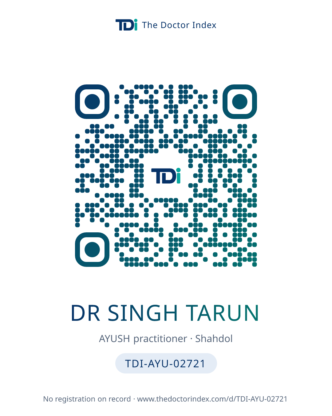 QR card for Dr Singh Tarun, TDI-AYU-02721