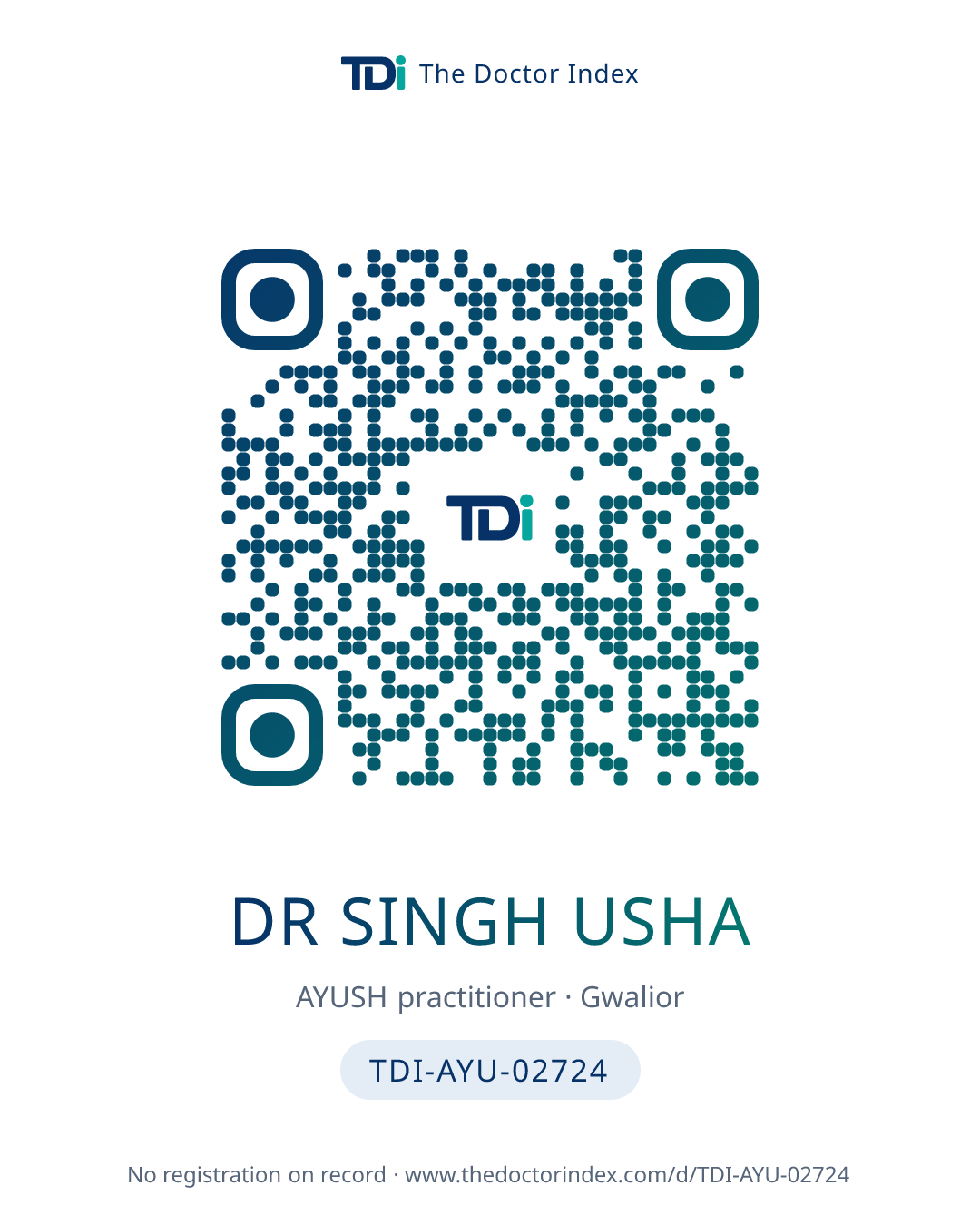 QR card for Dr Singh Usha, TDI-AYU-02724