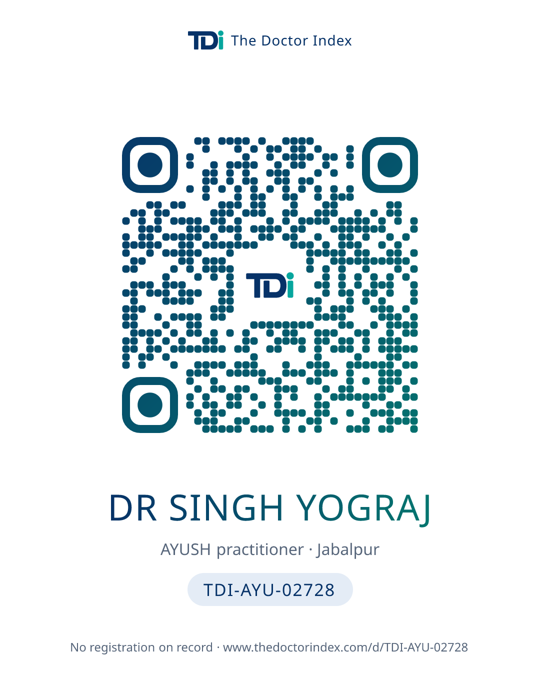 QR card for Dr Singh Yograj, TDI-AYU-02728