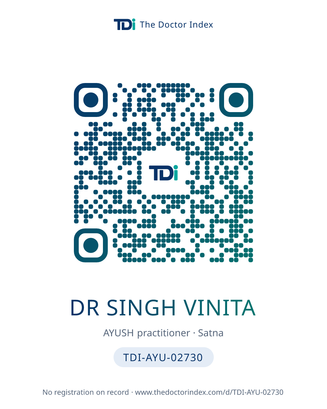 QR card for Dr Singh Vinita, TDI-AYU-02730