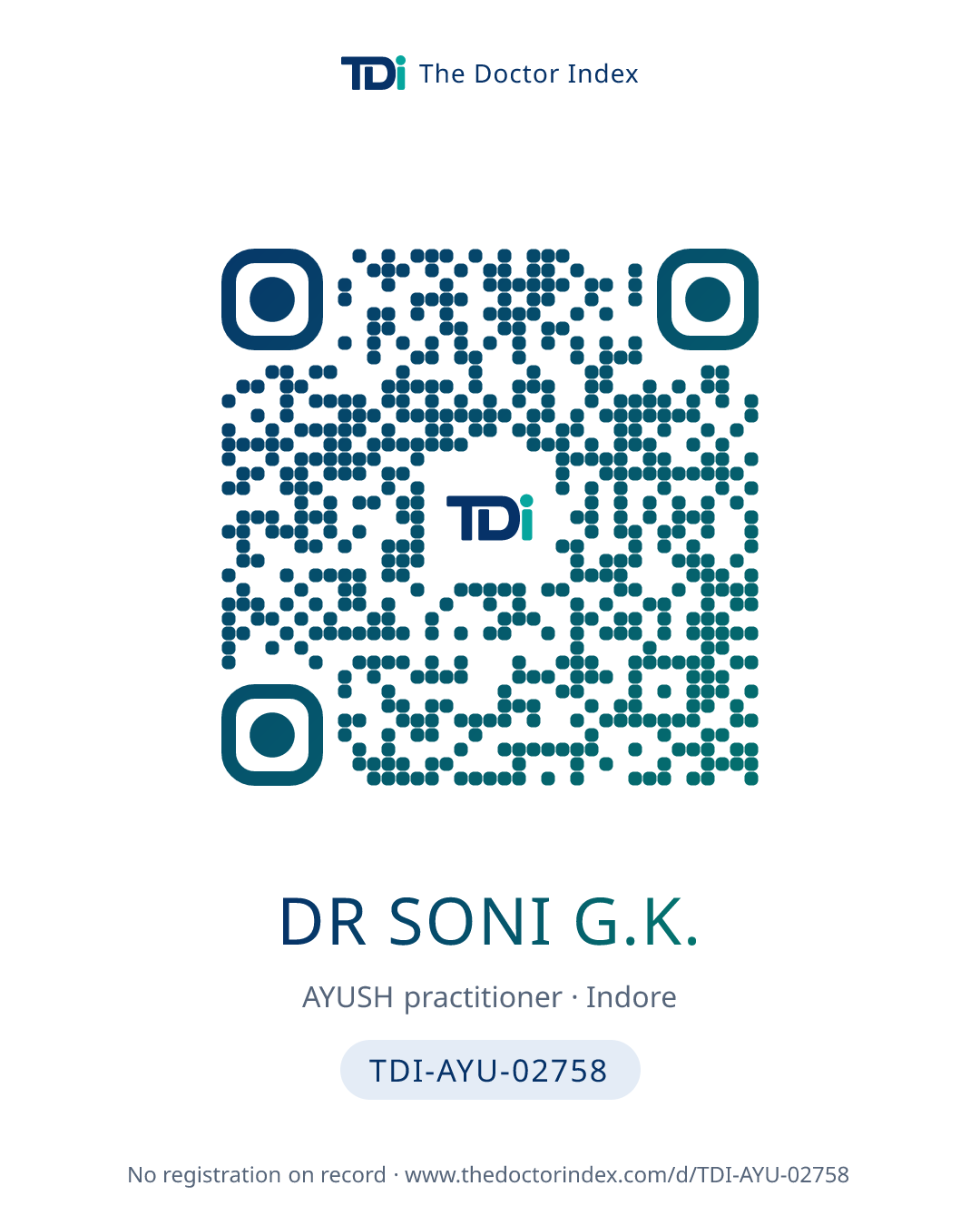 QR card for Dr Soni G.K., TDI-AYU-02758
