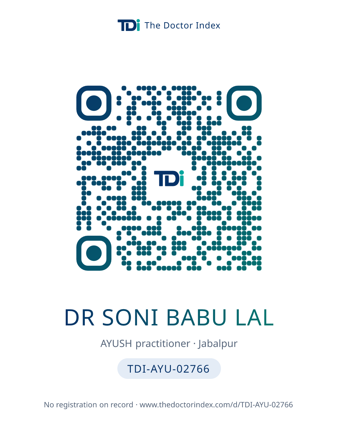QR card for Dr Soni Babu Lal, TDI-AYU-02766