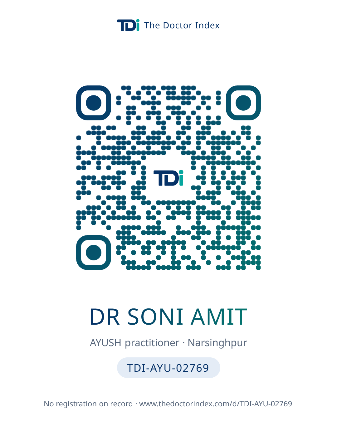 QR card for Dr Soni Amit, TDI-AYU-02769