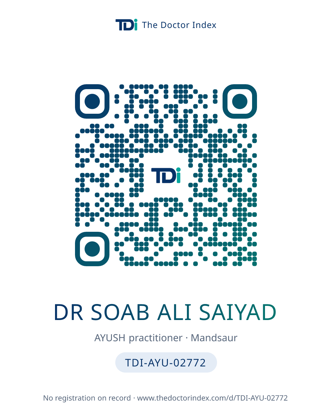 QR card for Dr Soab Ali Saiyad, TDI-AYU-02772