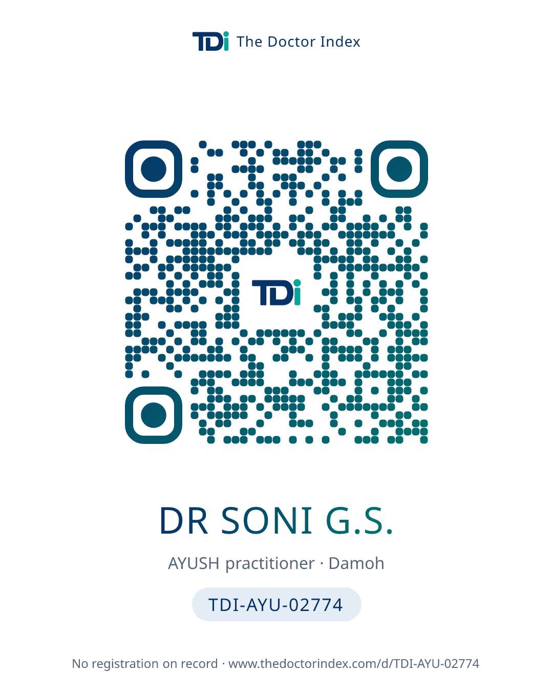 QR card for Dr Soni G.S., TDI-AYU-02774