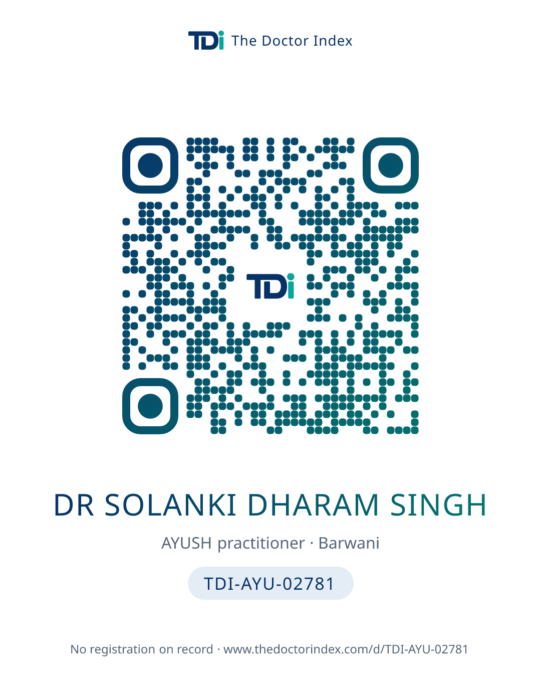 QR card for Dr Solanki Dharam Singh, TDI-AYU-02781