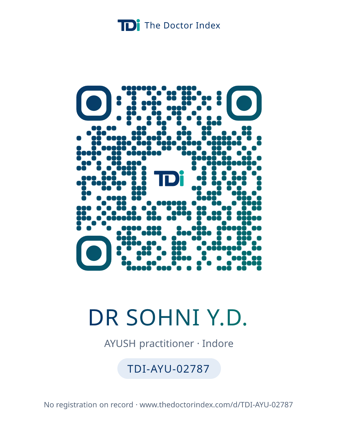 QR card for Dr Sohni Y.D., TDI-AYU-02787