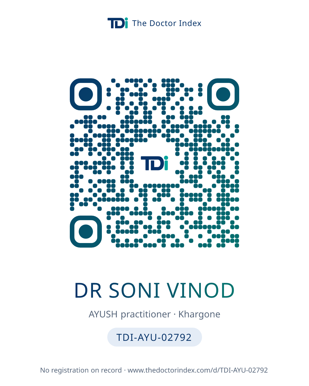 QR card for Dr Soni Vinod, TDI-AYU-02792