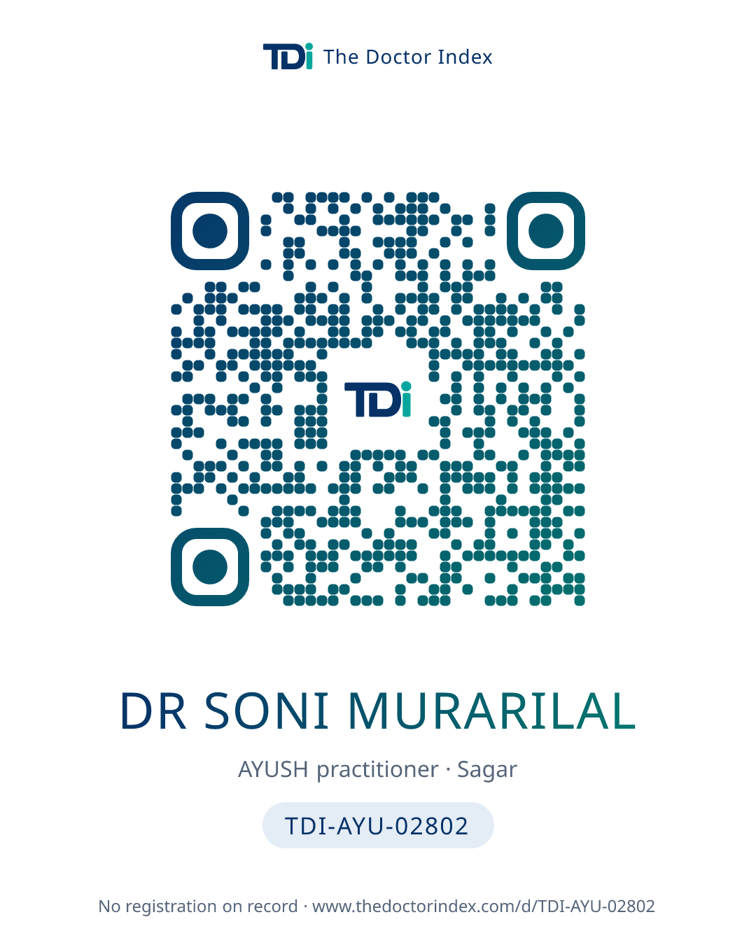 QR card for Dr Soni Murarilal, TDI-AYU-02802