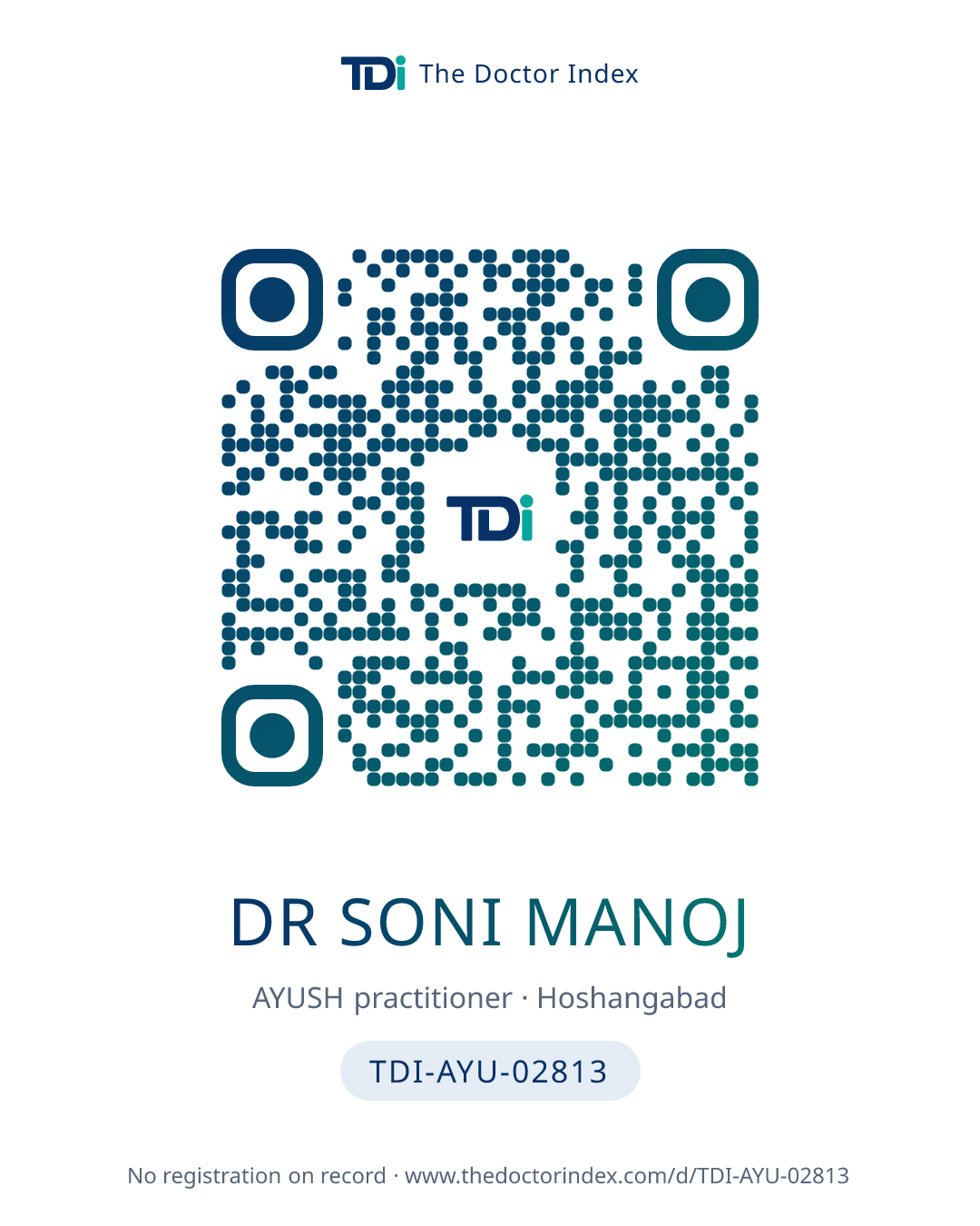 QR card for Dr Soni Manoj, TDI-AYU-02813