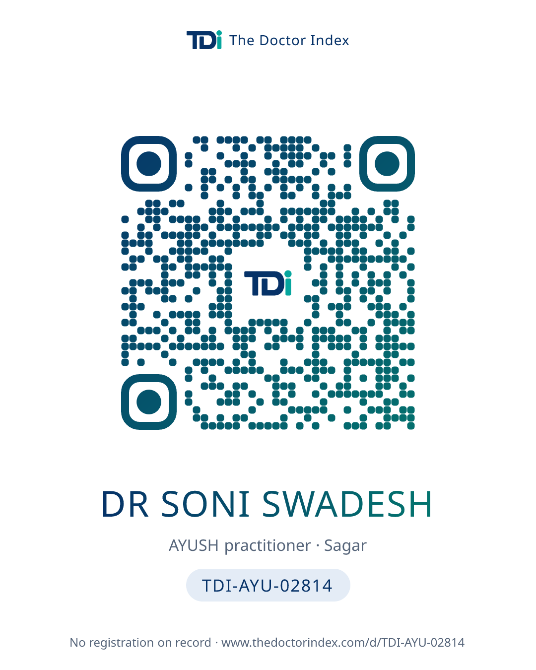 QR card for Dr Soni Swadesh, TDI-AYU-02814