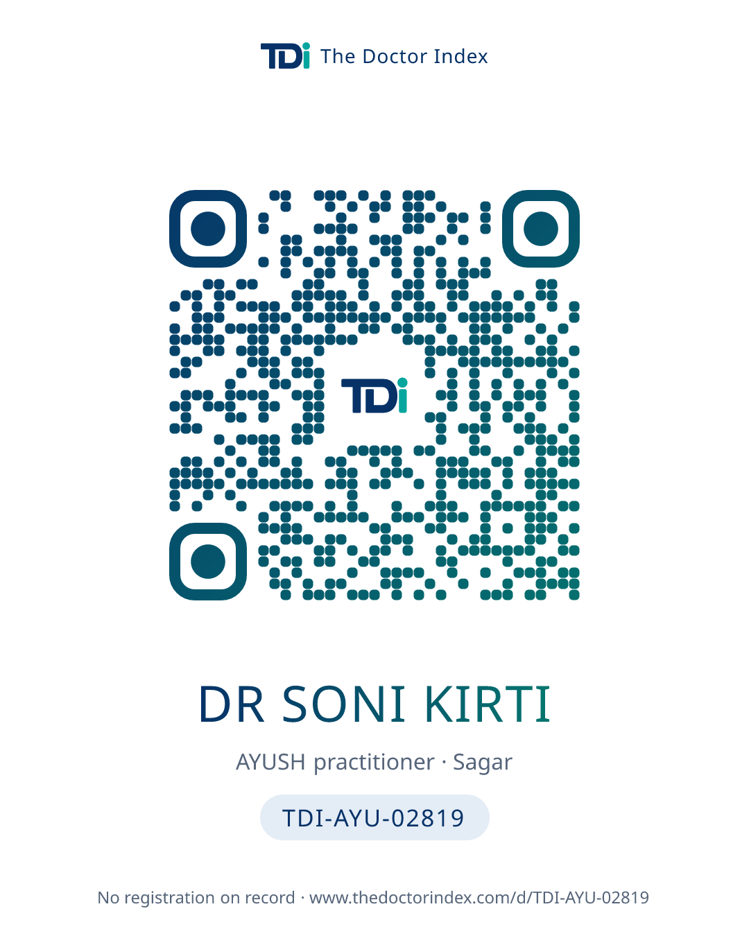 QR card for Dr Soni Kirti, TDI-AYU-02819