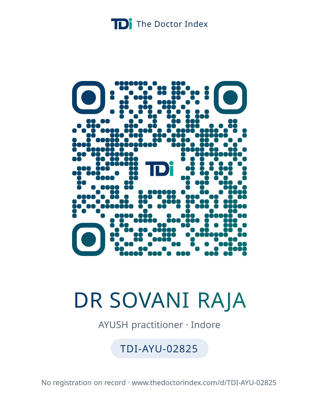 QR card for Dr Sovani Raja, TDI-AYU-02825