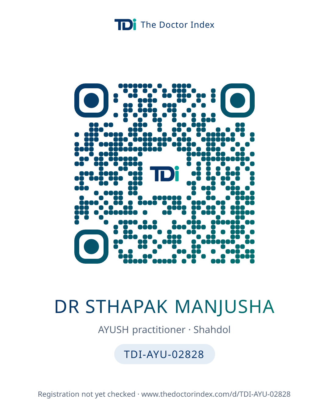 QR card for Dr Sthapak Manjusha, TDI-AYU-02828