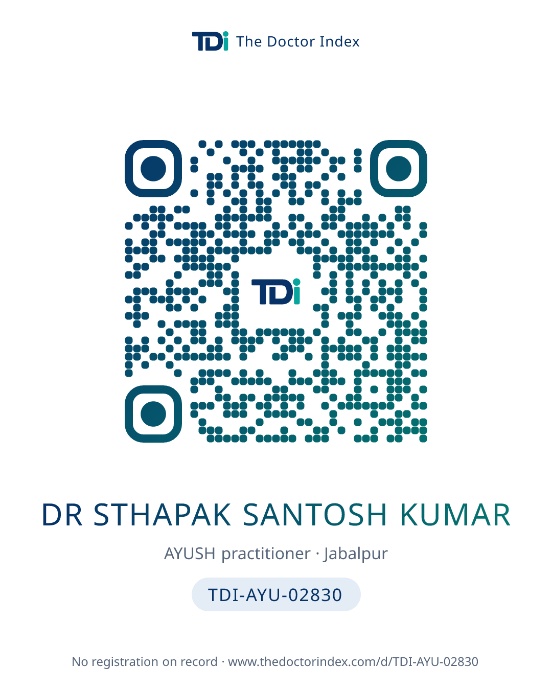QR card for Dr Sthapak Santosh Kumar, TDI-AYU-02830