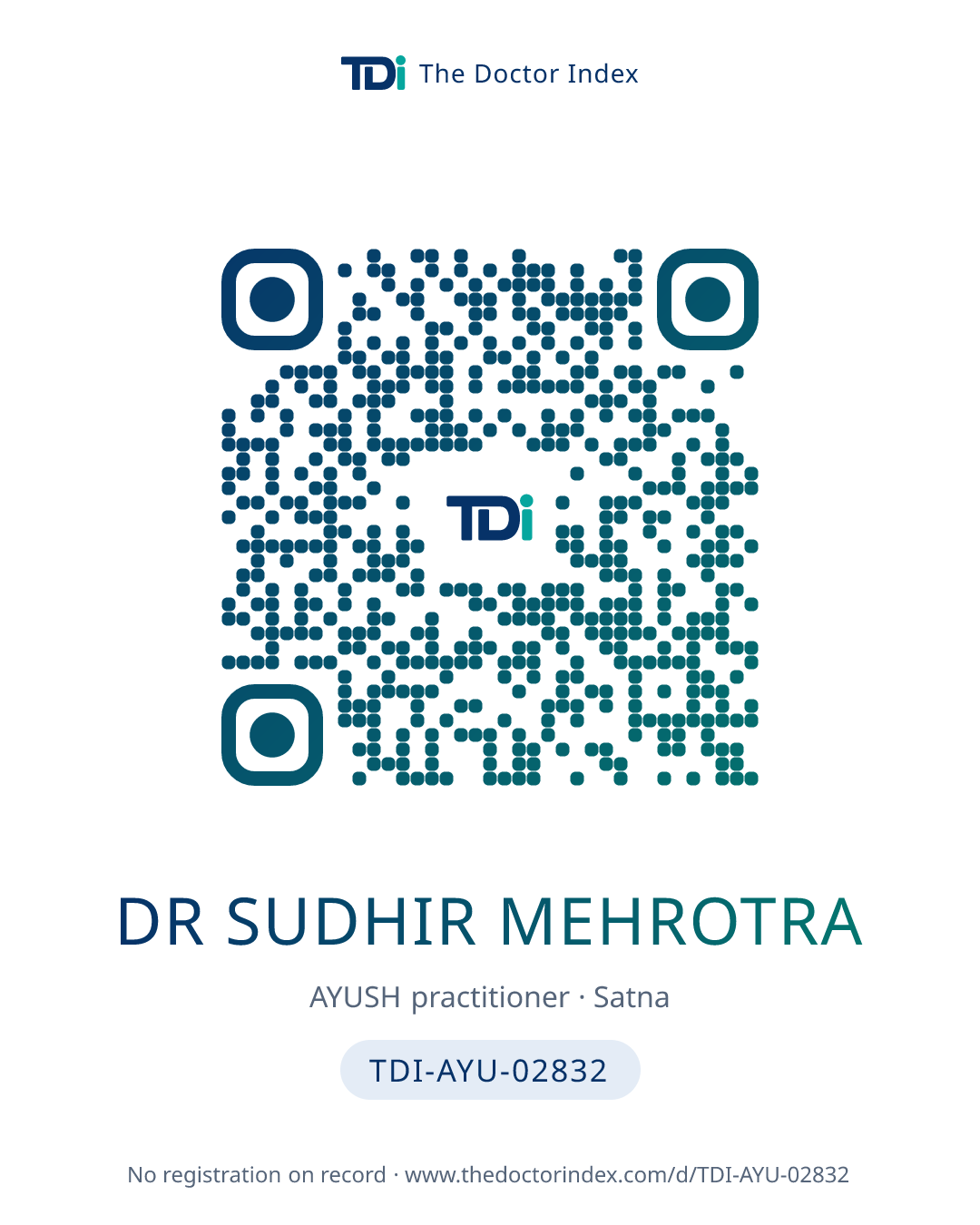 QR card for Dr Sudhir Mehrotra, TDI-AYU-02832