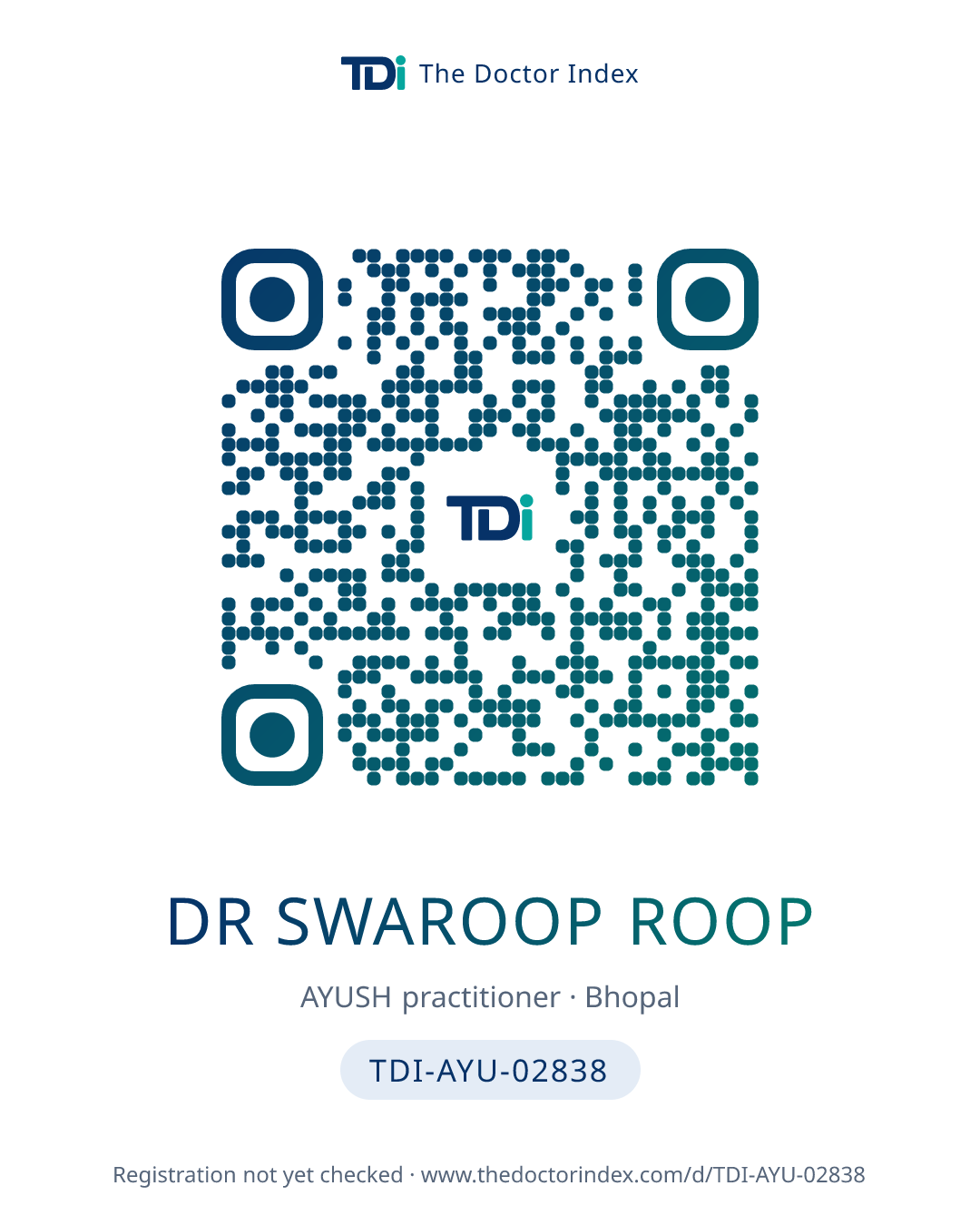 QR card for Dr Swaroop Roop, TDI-AYU-02838
