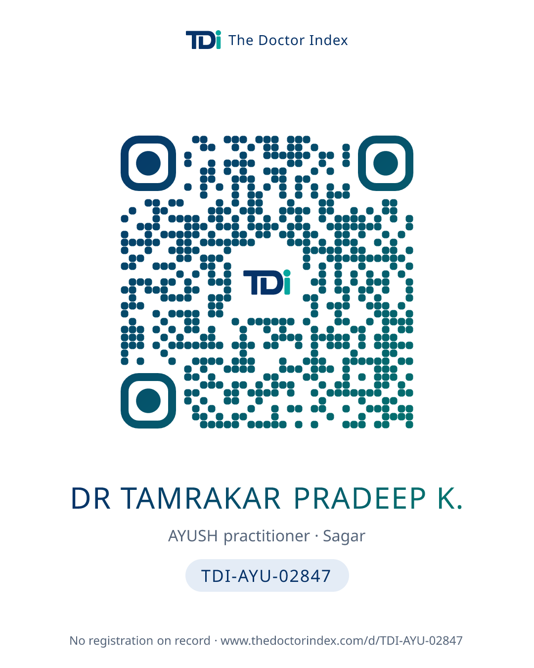 QR card for Dr Tamrakar Pradeep K., TDI-AYU-02847