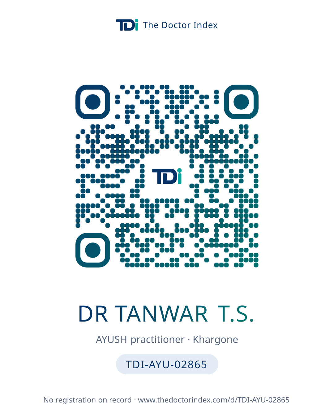 QR card for Dr Tanwar T.S., TDI-AYU-02865