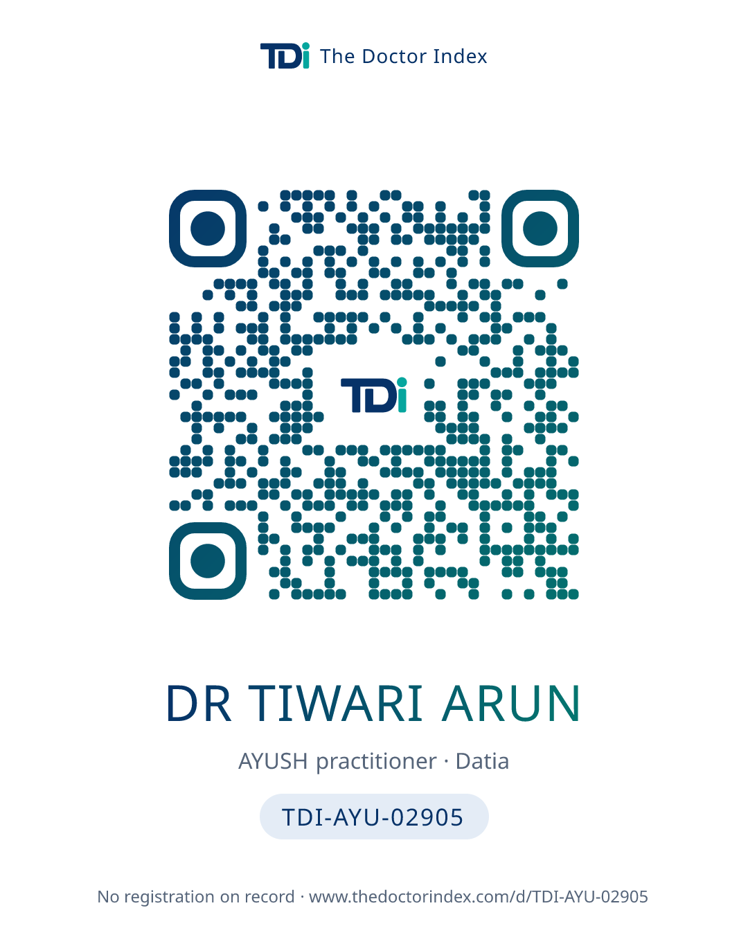 QR card for Dr Tiwari Arun, TDI-AYU-02905