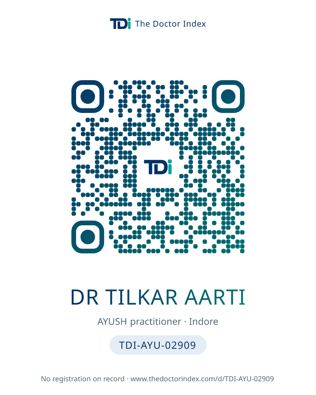 QR card for Dr Tilkar Aarti, TDI-AYU-02909