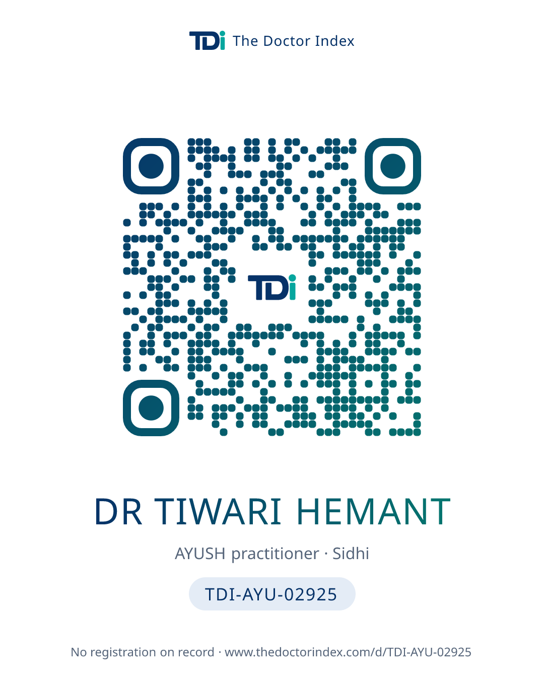 QR card for Dr Tiwari Hemant, TDI-AYU-02925