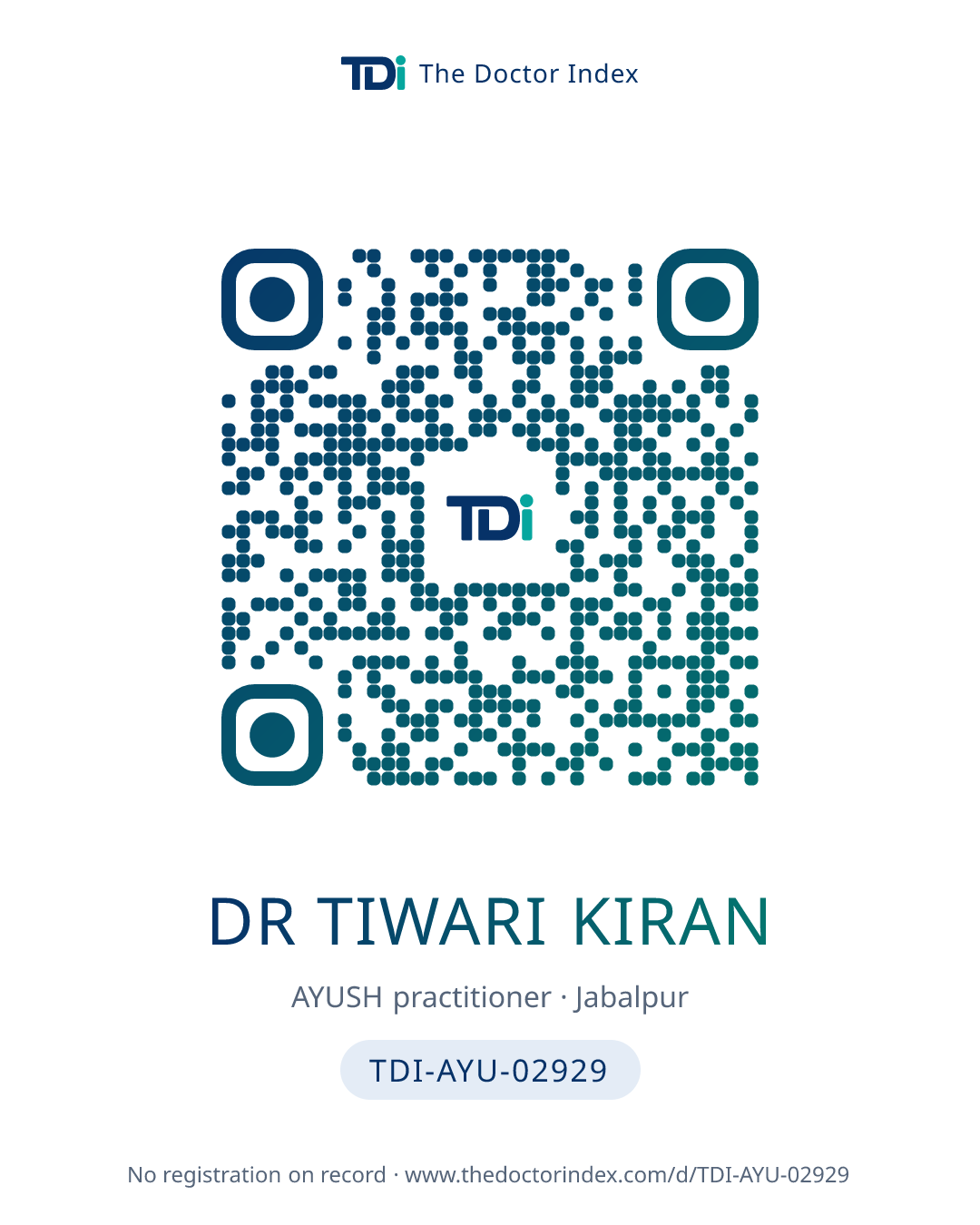 QR card for Dr Tiwari Kiran, TDI-AYU-02929